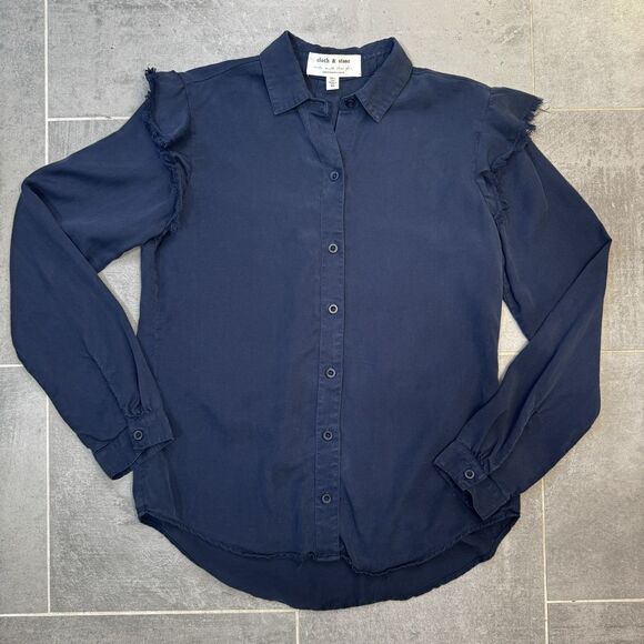 Anthropologie Cloth & Stone Frayed Ruffle Button Down Shirt - Navy - Women's XS - Picture 2 of 9